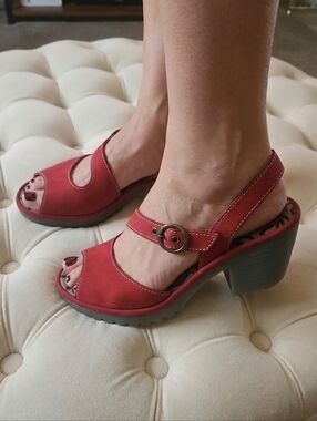 Fly London Red Open-Toe Slingback Heels with Buckle